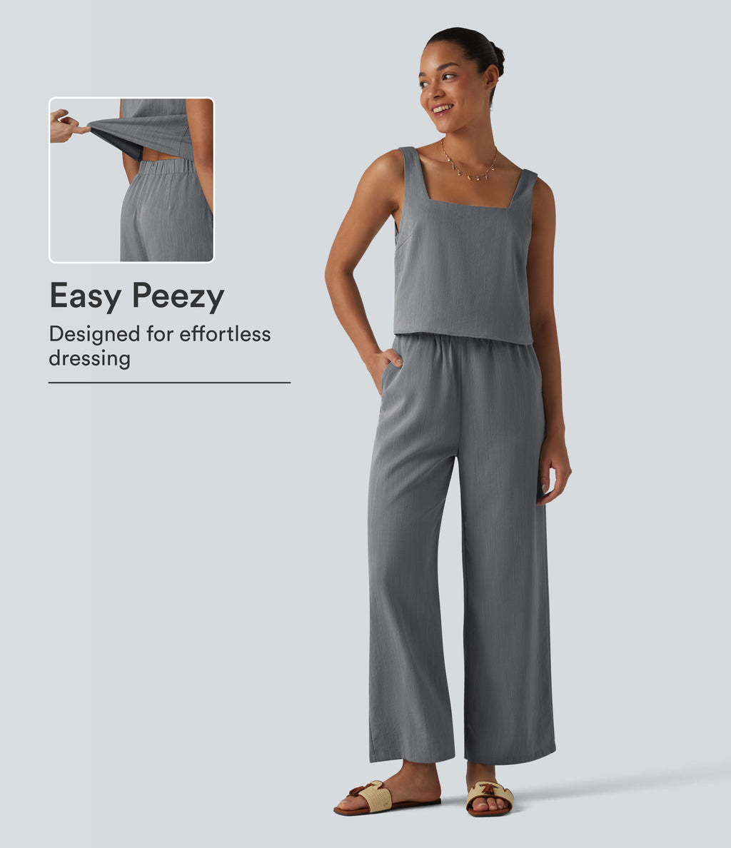 Square Neck Sleeveless Resort Linen-Feel Jumpsuit with Pockets — Obsidian Weave — view 1