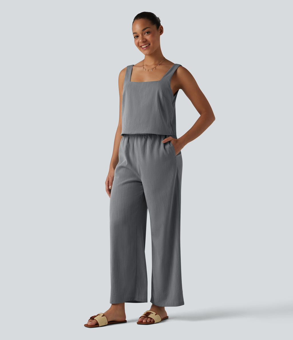Square Neck Sleeveless Resort Linen-Feel Jumpsuit with Pockets — Obsidian Weave — view 3