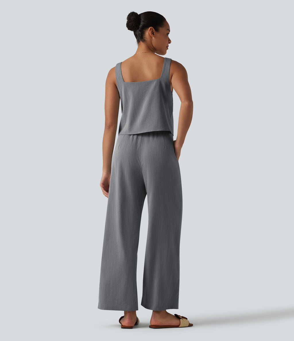 Square Neck Sleeveless Resort Linen-Feel Jumpsuit with Pockets — Obsidian Weave — view 2