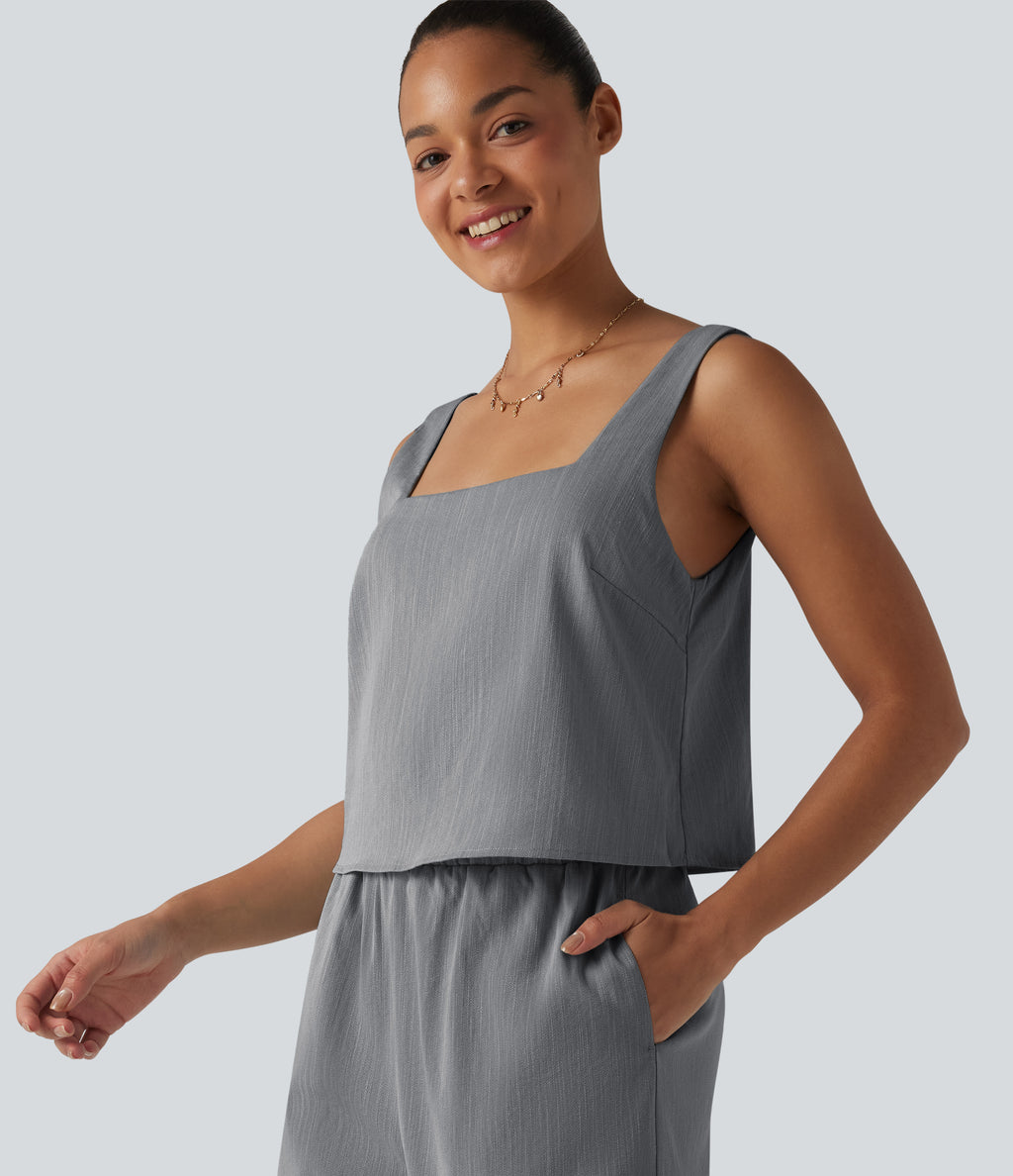 Square Neck Sleeveless Resort Linen-Feel Jumpsuit with Pockets — Obsidian Weave — view 5