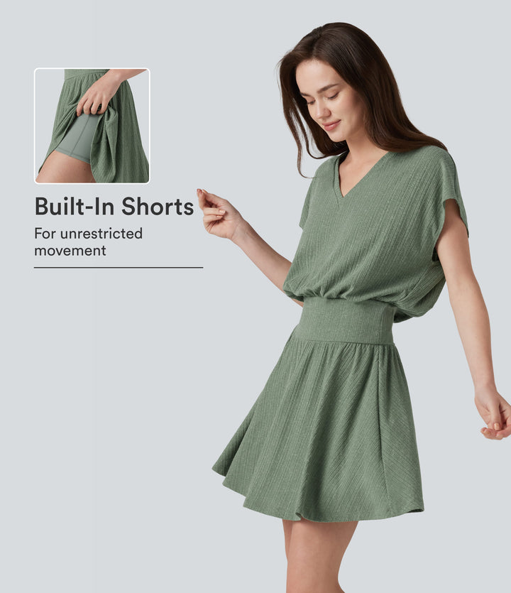Ribbed Knit V-neck Short Sleeve 2-in-1 Mini Casual Linen-Blend Flowy Dress — Sage Green Ribbed — view 1