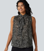 Mock Neck Tie Sleeveless Leopard Print Work Chiffon Blouse — Fierce Grey — view 8