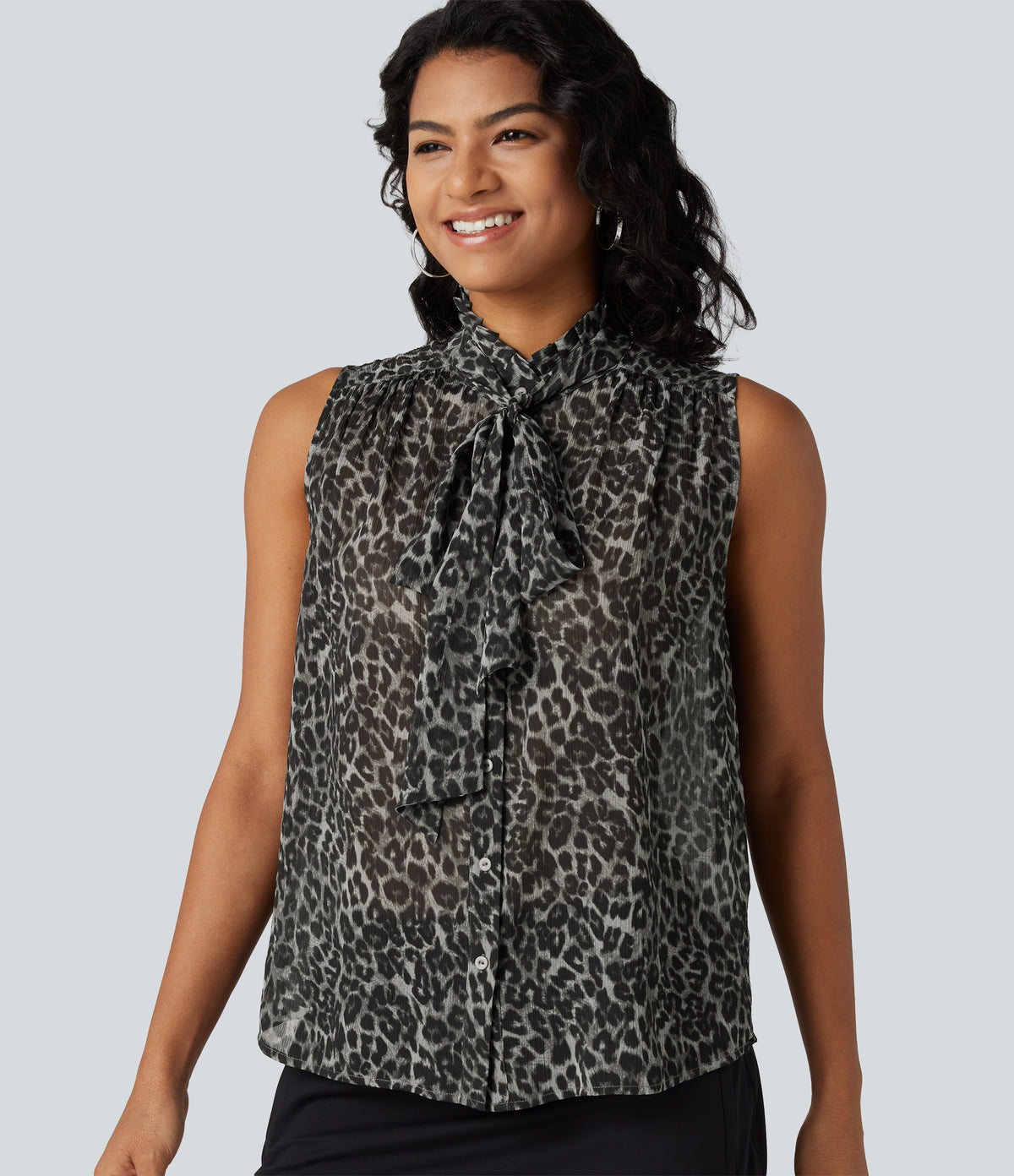 Mock Neck Tie Sleeveless Leopard Print Work Chiffon Blouse — Fierce Grey — view 8