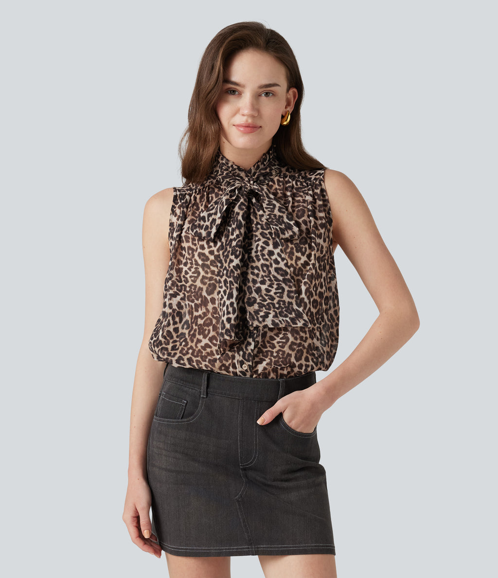 Mock Neck Tie Sleeveless Leopard Print Work Chiffon Blouse — Fierce Tan — view 4