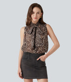 Mock Neck Tie Sleeveless Leopard Print Work Chiffon Blouse — Fierce Tan — view 4
