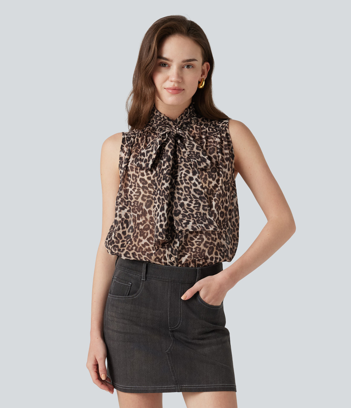 Mock Neck Tie Sleeveless Leopard Print Work Chiffon Blouse — Fierce Tan — view 4