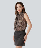 Mock Neck Tie Sleeveless Leopard Print Work Chiffon Blouse — Fierce Tan — view 3