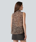 Mock Neck Tie Sleeveless Leopard Print Work Chiffon Blouse — Fierce Tan — view 6