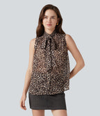 Mock Neck Tie Sleeveless Leopard Print Work Chiffon Blouse — Fierce Tan — view 5