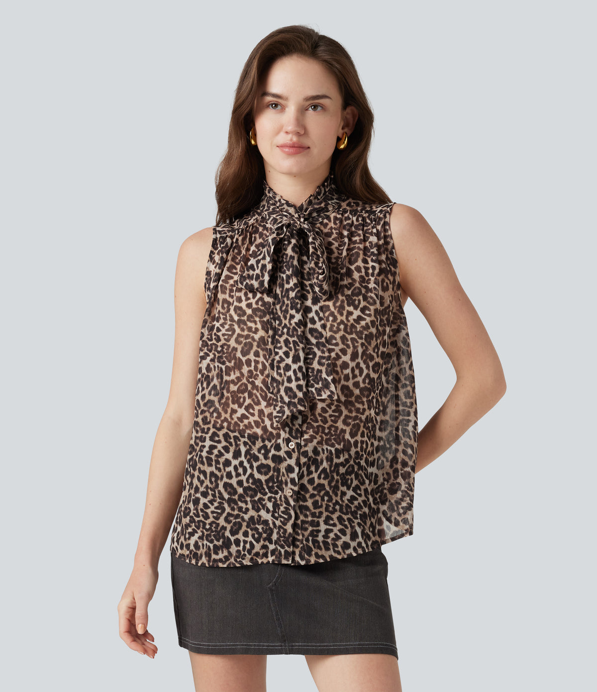 Mock Neck Tie Sleeveless Leopard Print Work Chiffon Blouse — Fierce Tan — view 5
