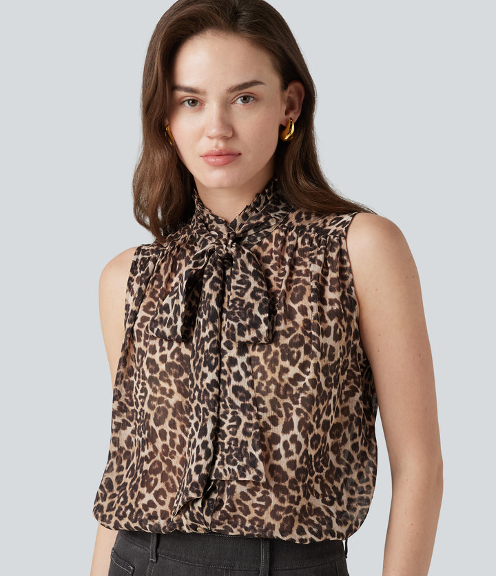 Mock Neck Tie Sleeveless Leopard Print Work Chiffon Blouse — Fierce Tan — view 1
