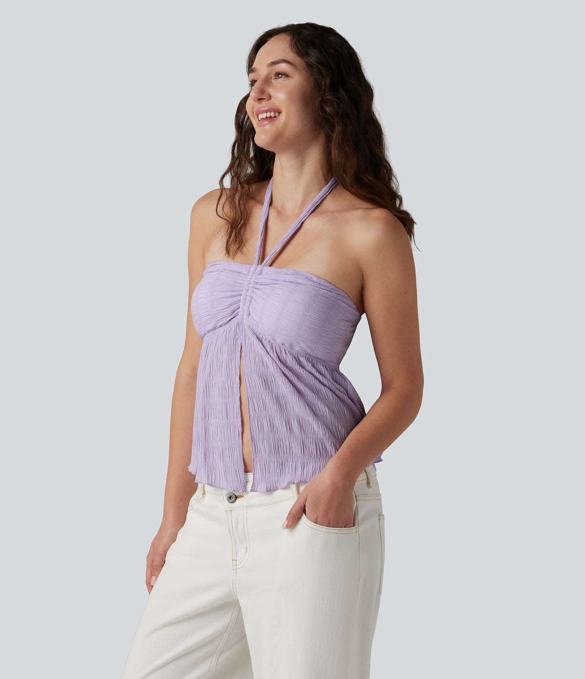 Halter Tie Back Built-in Bra Lettuce Trim Tank Top — Orchid Petal — view 3