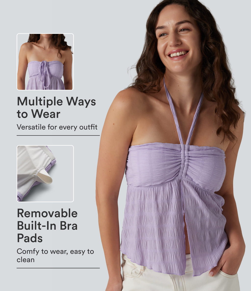 Halter Tie Back Built-in Bra Lettuce Trim Tank Top — Orchid Petal — view 1