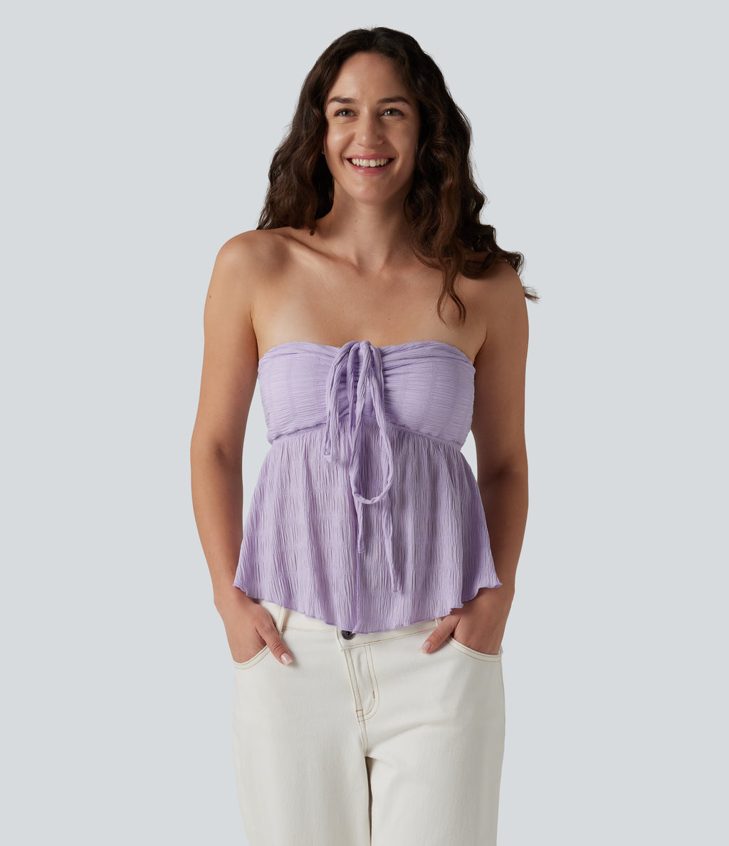Halter Tie Back Built-in Bra Lettuce Trim Tank Top — Orchid Petal — view 6