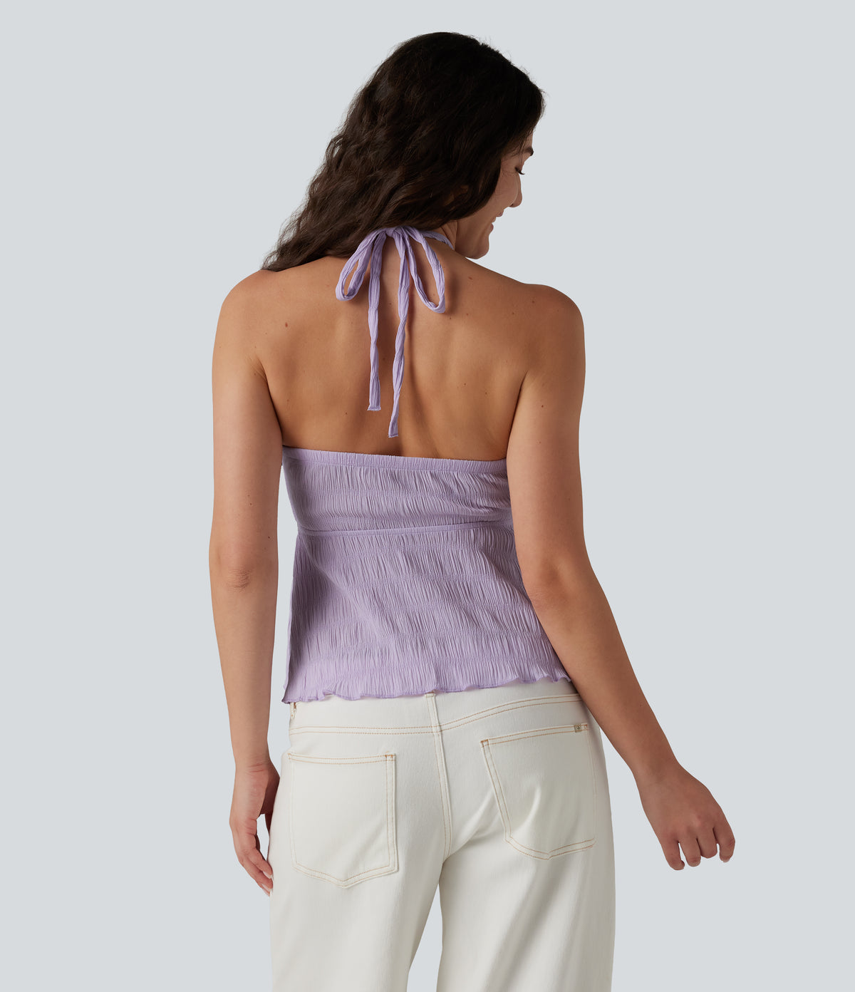 Halter Tie Back Built-in Bra Lettuce Trim Tank Top — Orchid Petal — view 2