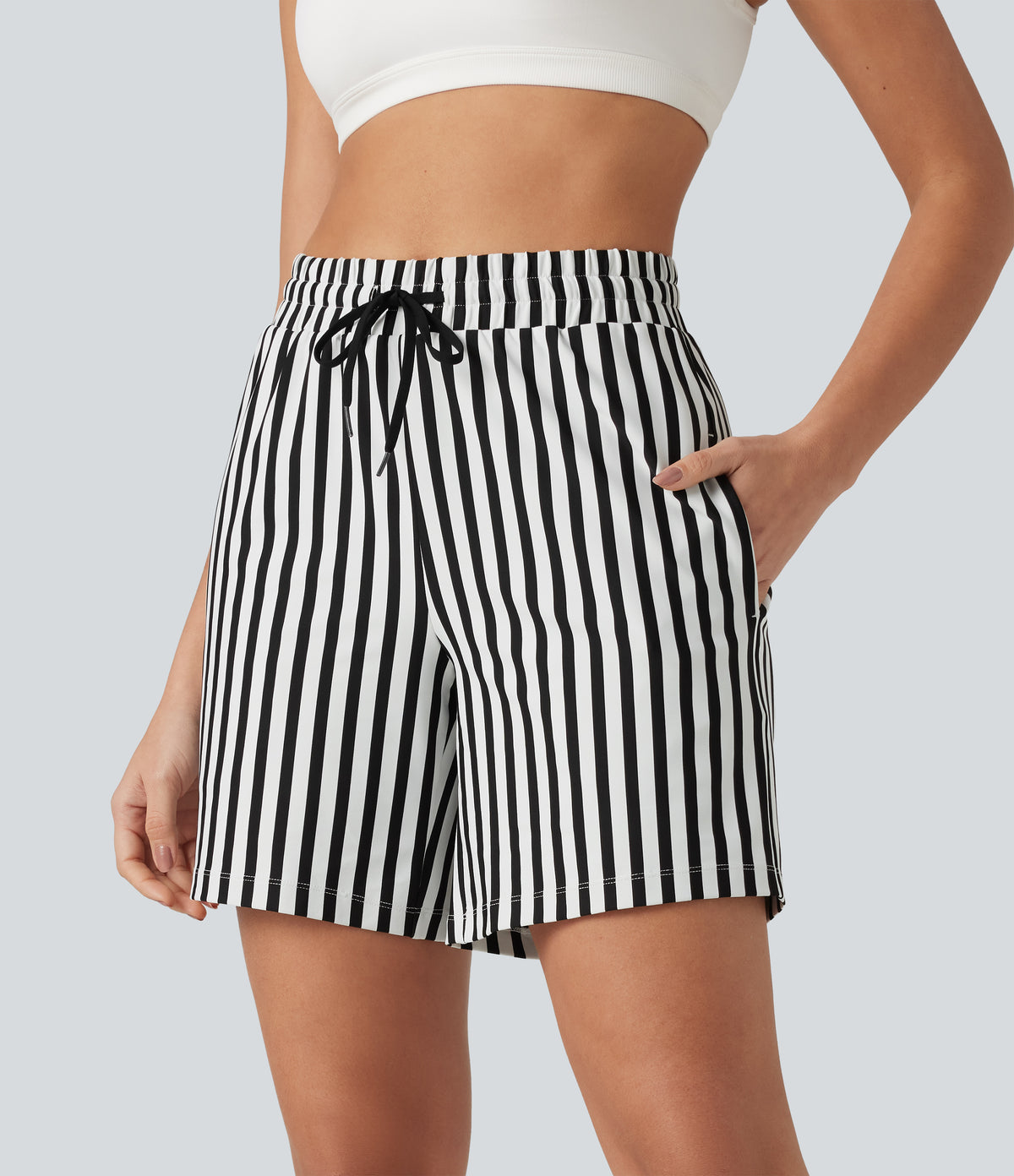 High Waisted Drawstring 2-in-1 Stripe Yoga Shorts 7'' with Pockets — Ivory Noir — view 4