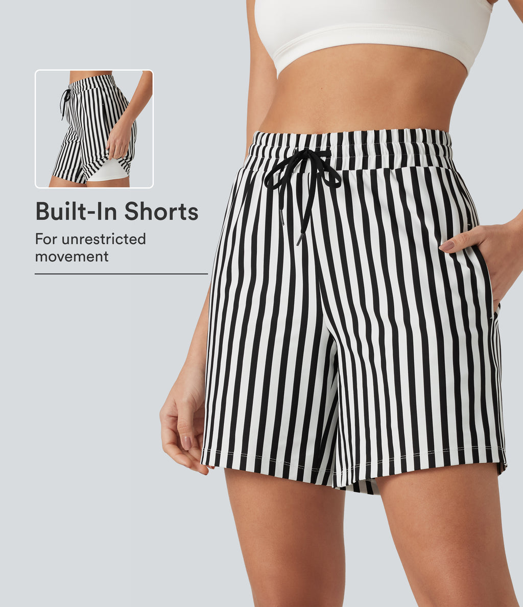 High Waisted Drawstring 2-in-1 Stripe Yoga Shorts 7'' with Pockets — Ivory Noir — view 1