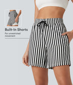 High Waisted Drawstring 2-in-1 Stripe Yoga Shorts 7'' with Pockets — Ivory Noir — view 1