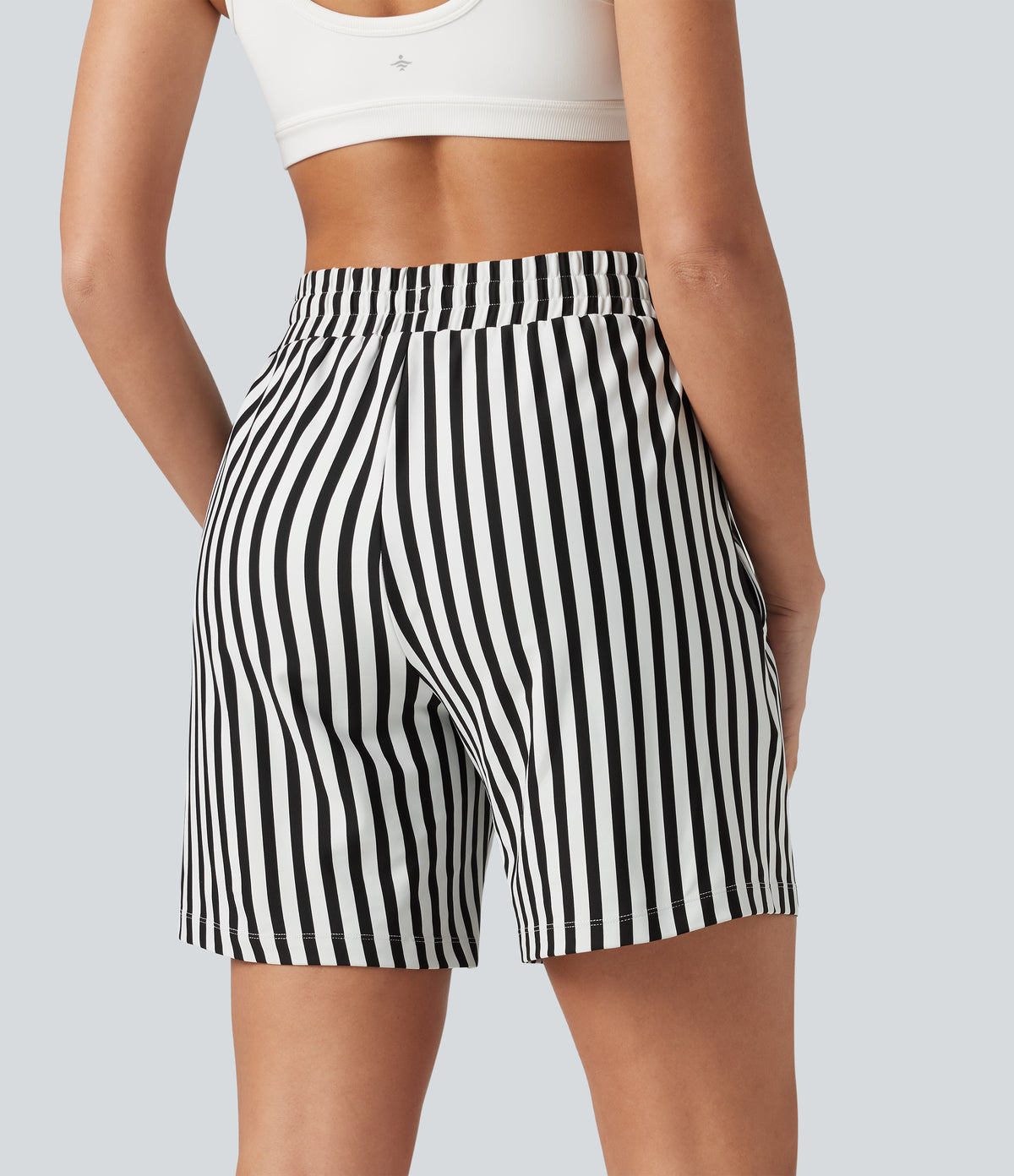 High Waisted Drawstring 2-in-1 Stripe Yoga Shorts 7'' with Pockets — Ivory Noir — view 2