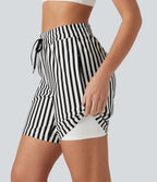 High Waisted Drawstring 2-in-1 Stripe Yoga Shorts 7'' with Pockets — Ivory Noir — view 3