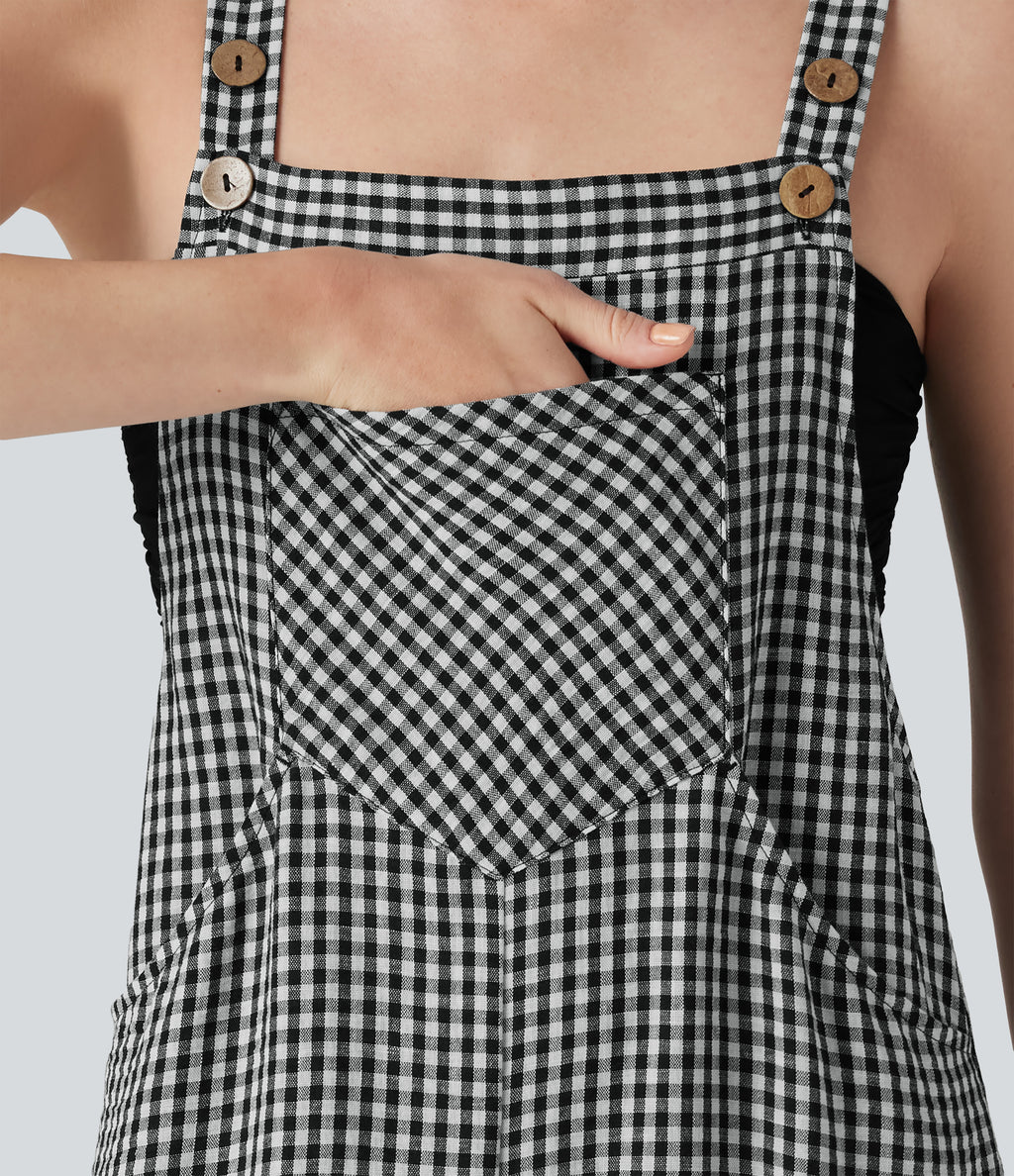 Plaid Casual Linen-Feel Jogger Dungarees with Pockets — Classic Mono — view 4