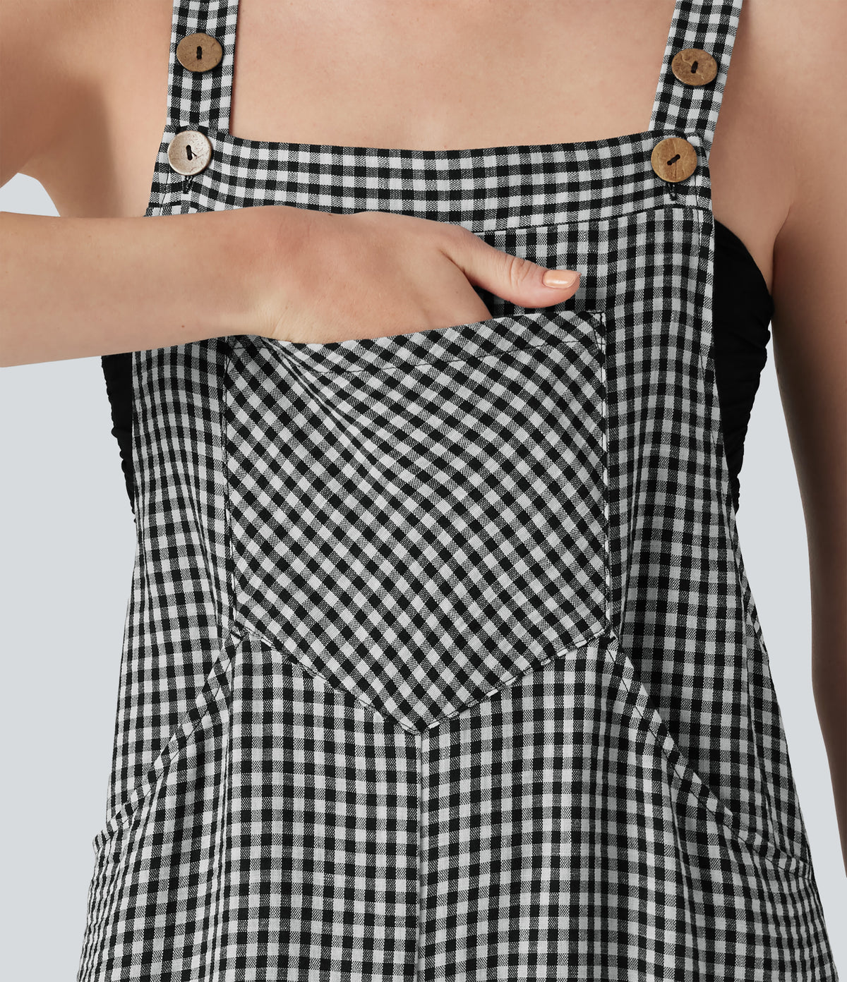 Plaid Casual Linen-Feel Jogger Dungarees with Pockets — Classic Mono — view 4