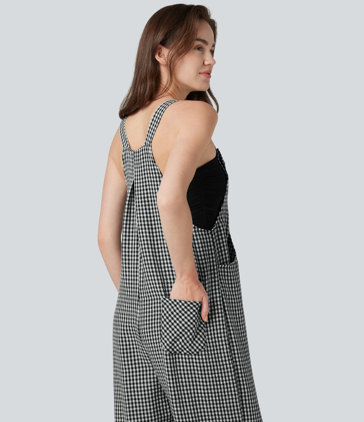 Plaid Casual Linen-Feel Jogger Dungarees with Pockets — Classic Mono — view 7