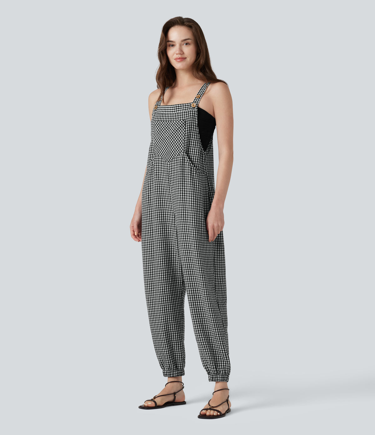 Plaid Casual Linen-Feel Jogger Dungarees with Pockets — Classic Mono — view 3