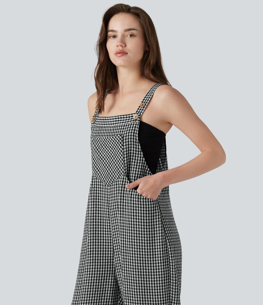 Plaid Casual Linen-Feel Jogger Dungarees with Pockets — Classic Mono — view 6
