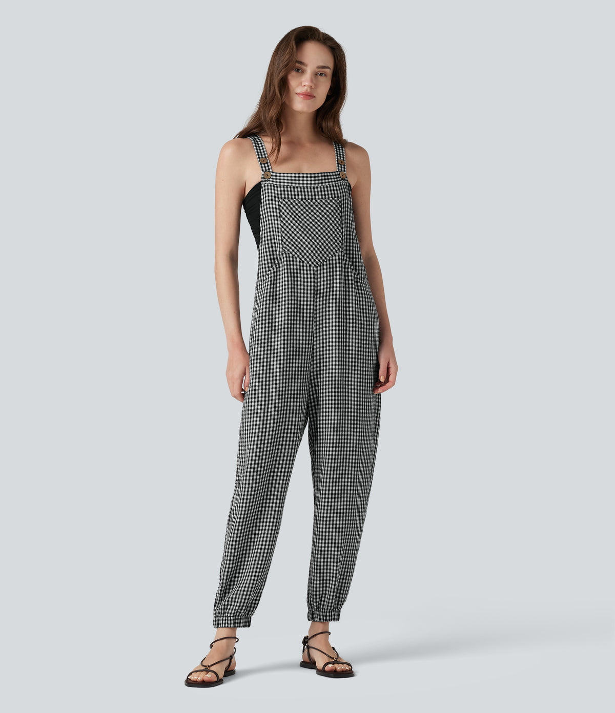 Plaid Casual Linen-Feel Jogger Dungarees with Pockets — Classic Mono — view 2