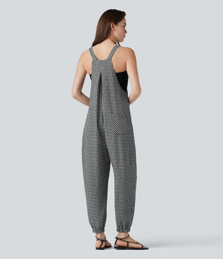 Plaid Casual Linen-Feel Jogger Dungarees with Pockets — Classic Mono — view 1