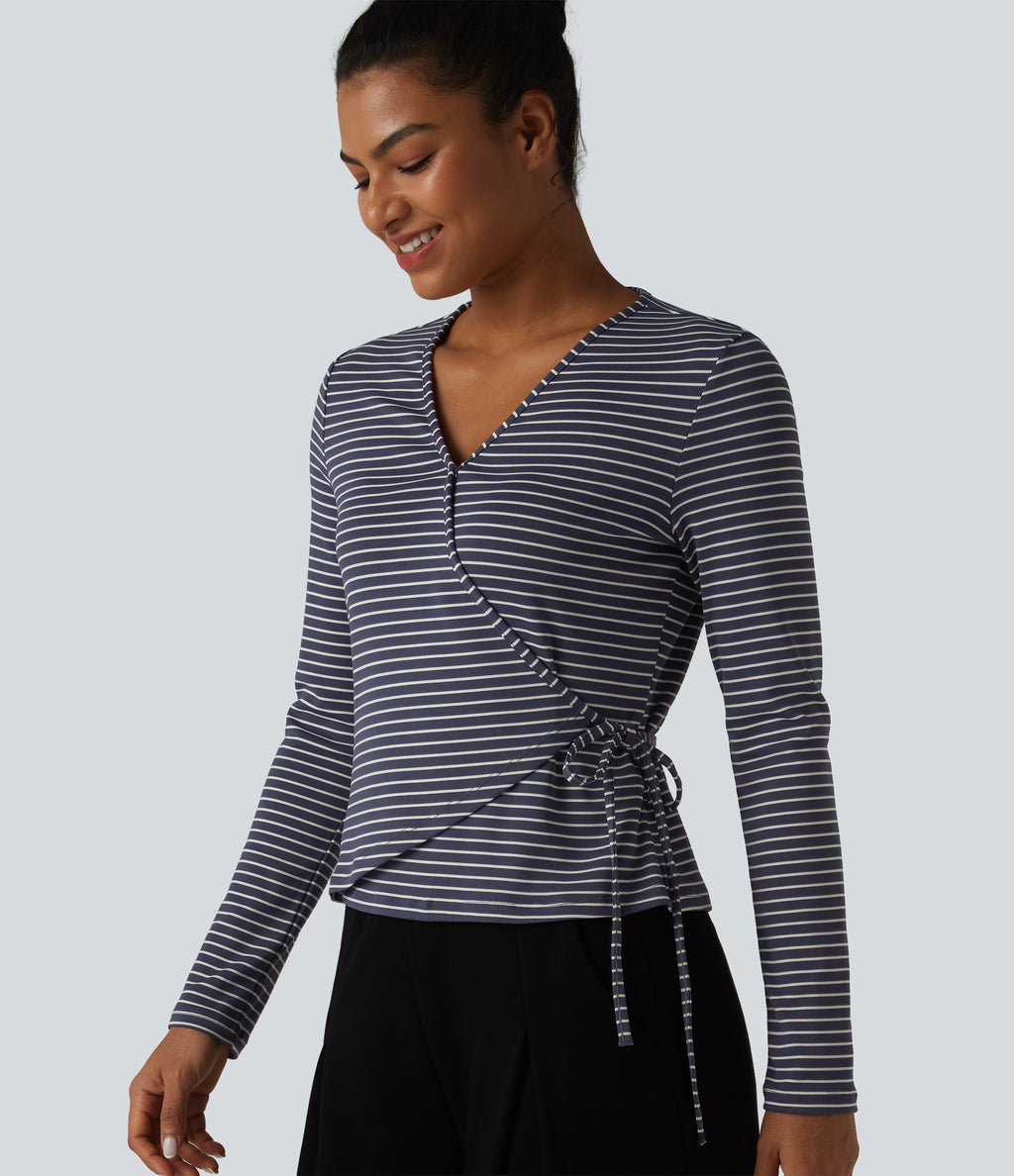 Ribbed Knit Stripes Deep V-Neck Long Sleeve Wrapped Tie-side Casual Top — Sailor Stripe — view 1