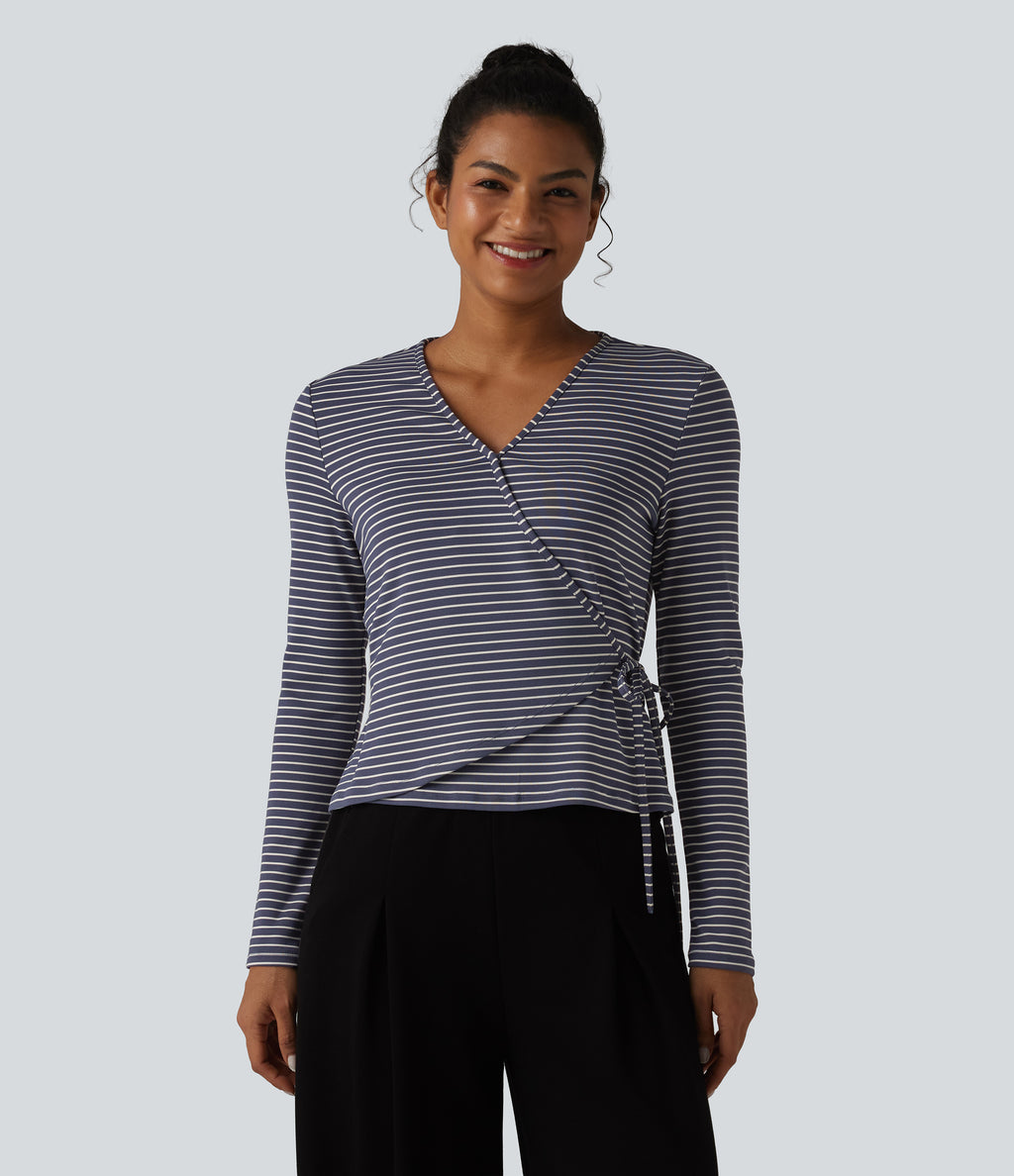 Ribbed Knit Stripes Deep V-Neck Long Sleeve Wrapped Tie-side Casual Top — Sailor Stripe — view 3