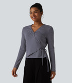 Ribbed Knit Stripes Deep V-Neck Long Sleeve Wrapped Tie-side Casual Top — Sailor Stripe — view 4