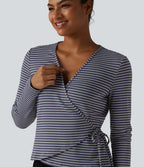 Ribbed Knit Stripes Deep V-Neck Long Sleeve Wrapped Tie-side Casual Top — Sailor Stripe — view 5