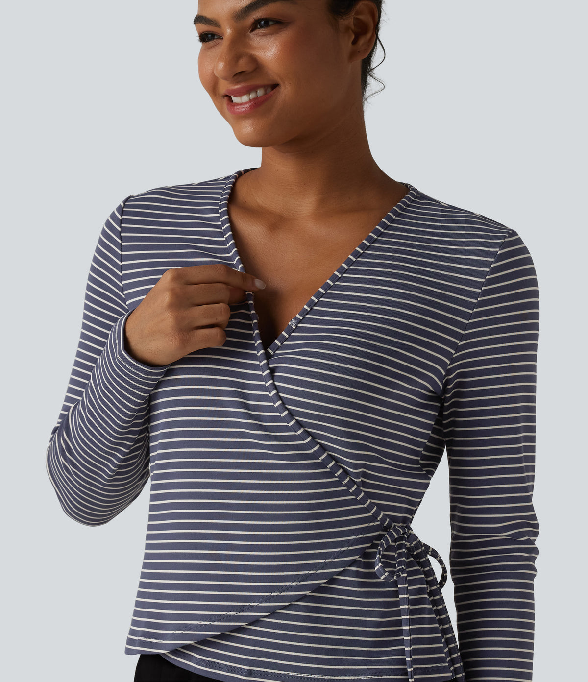 Ribbed Knit Stripes Deep V-Neck Long Sleeve Wrapped Tie-side Casual Top — Sailor Stripe — view 5