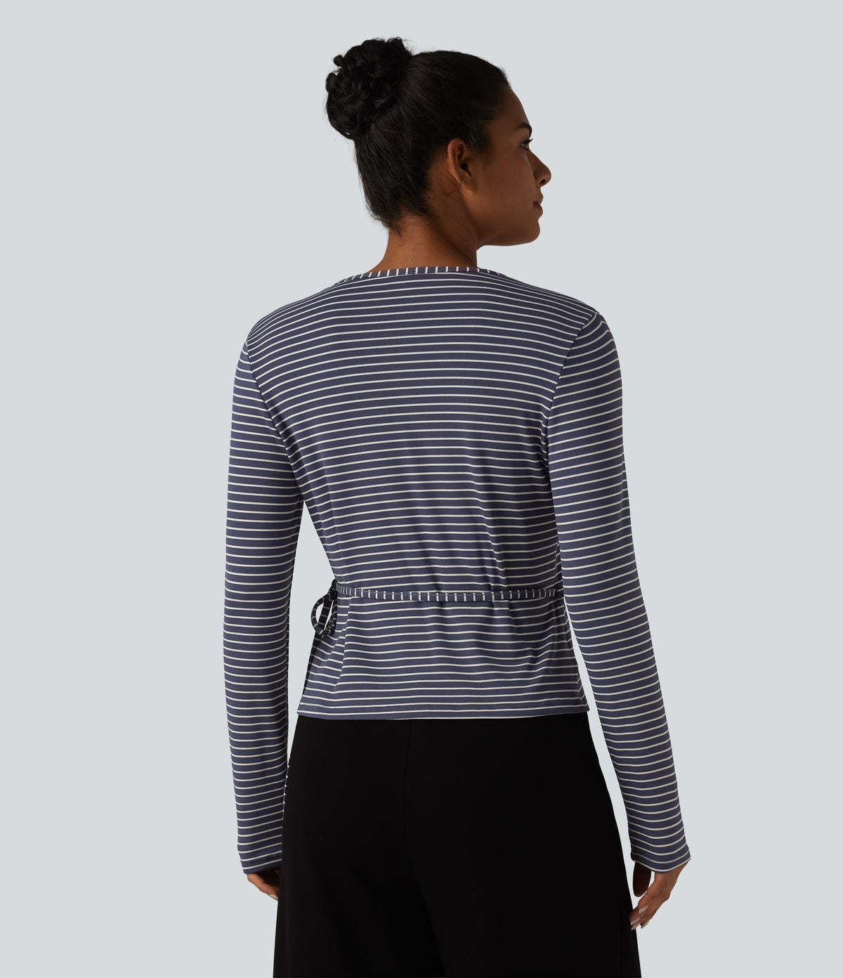 Ribbed Knit Stripes Deep V-Neck Long Sleeve Wrapped Tie-side Casual Top — Sailor Stripe — view 2