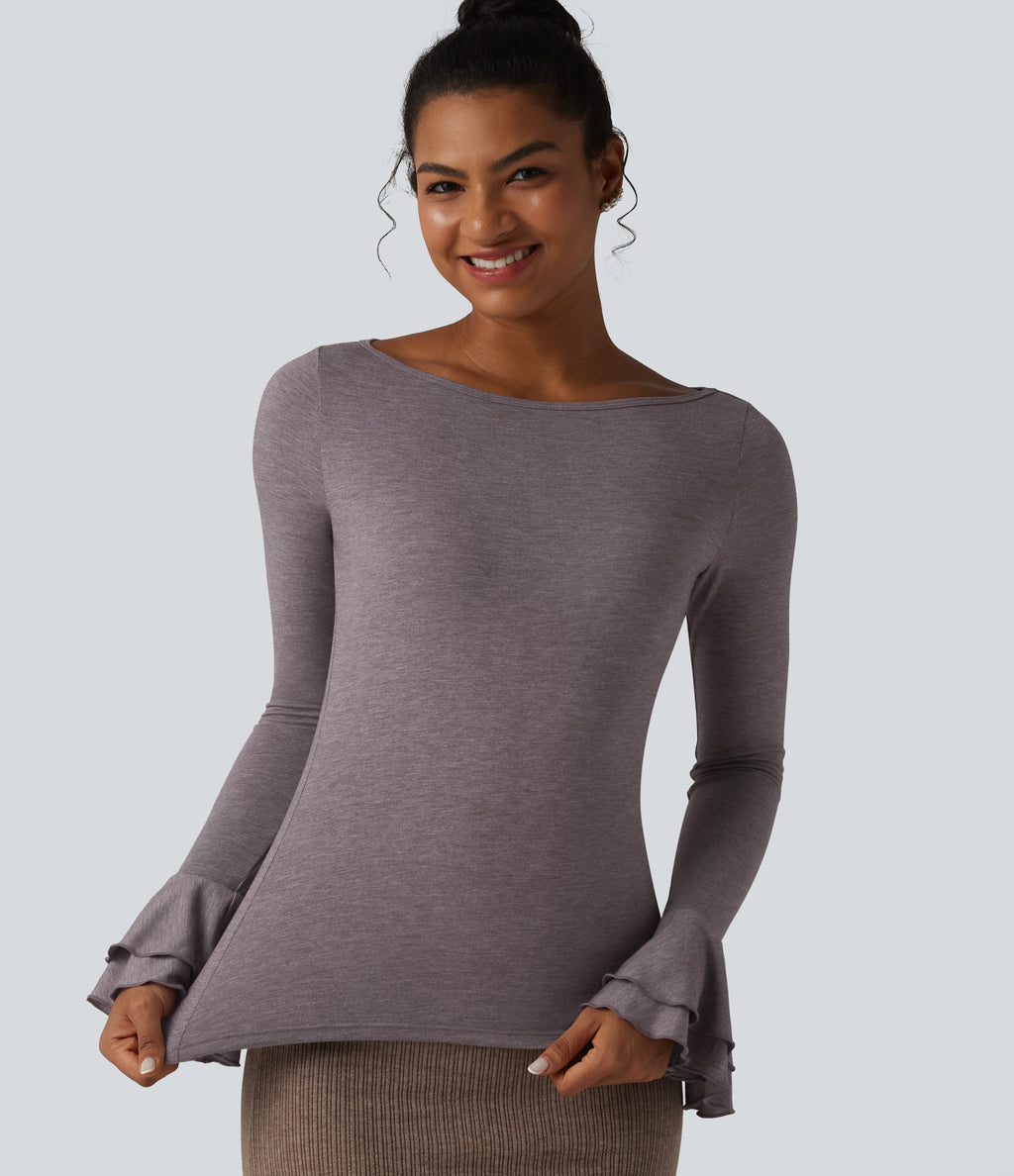 Boat Neck Flounce Long Sleeve Party Top — Deep Tea Brown Floral Yarn — view 6