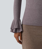 Boat Neck Flounce Long Sleeve Party Top — Deep Tea Brown Floral Yarn — view 5