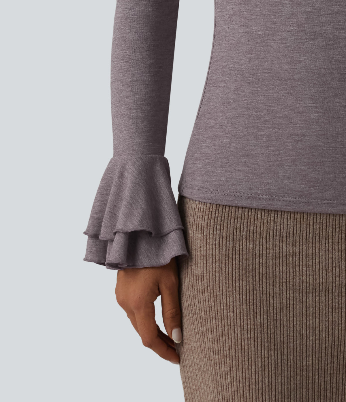 Boat Neck Flounce Long Sleeve Party Top — Deep Tea Brown Floral Yarn — view 5