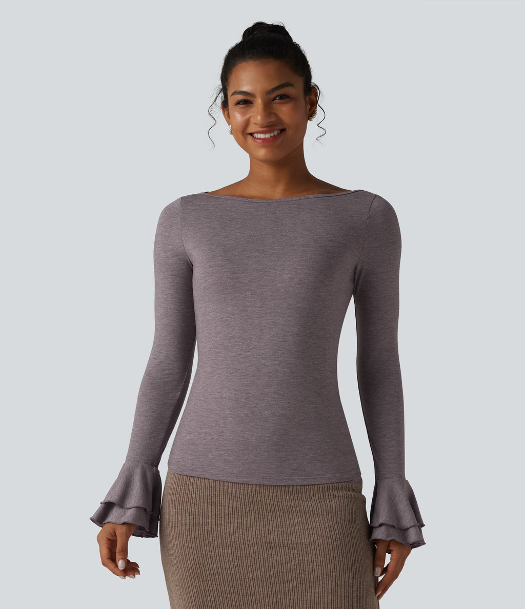 Boat Neck Flounce Long Sleeve Party Top — Deep Tea Brown Floral Yarn — view 4