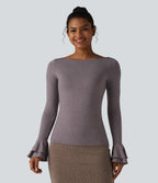 Boat Neck Flounce Long Sleeve Party Top — Deep Tea Brown Floral Yarn — view 4