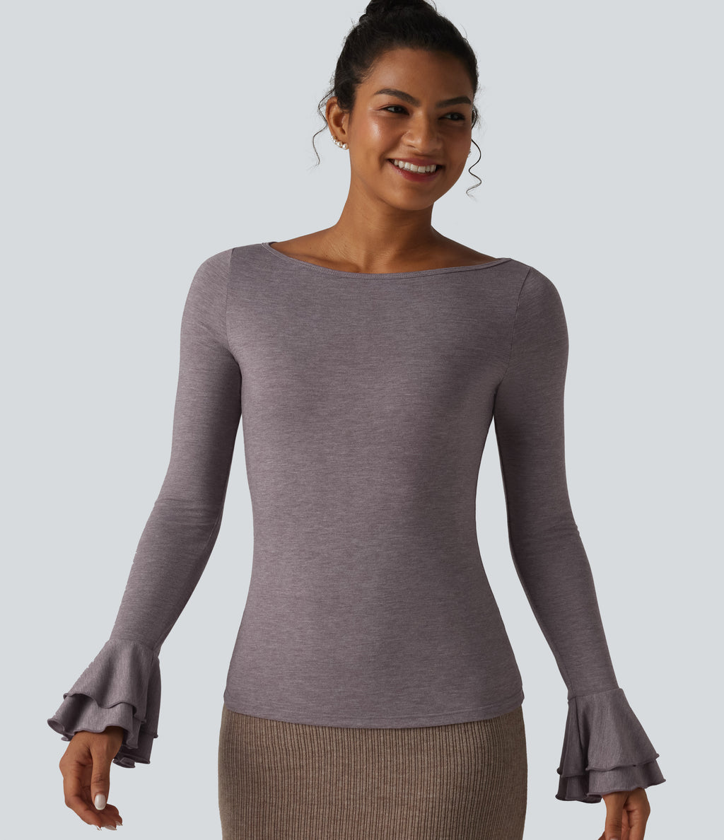Boat Neck Flounce Long Sleeve Party Top — Deep Tea Brown Floral Yarn — view 1