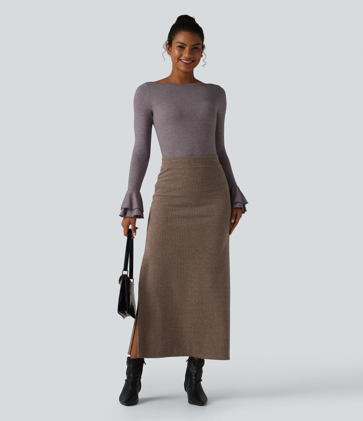 Boat Neck Flounce Long Sleeve Party Top — Deep Tea Brown Floral Yarn — view 7