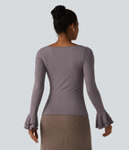 Boat Neck Flounce Long Sleeve Party Top — Deep Tea Brown Floral Yarn — view 2