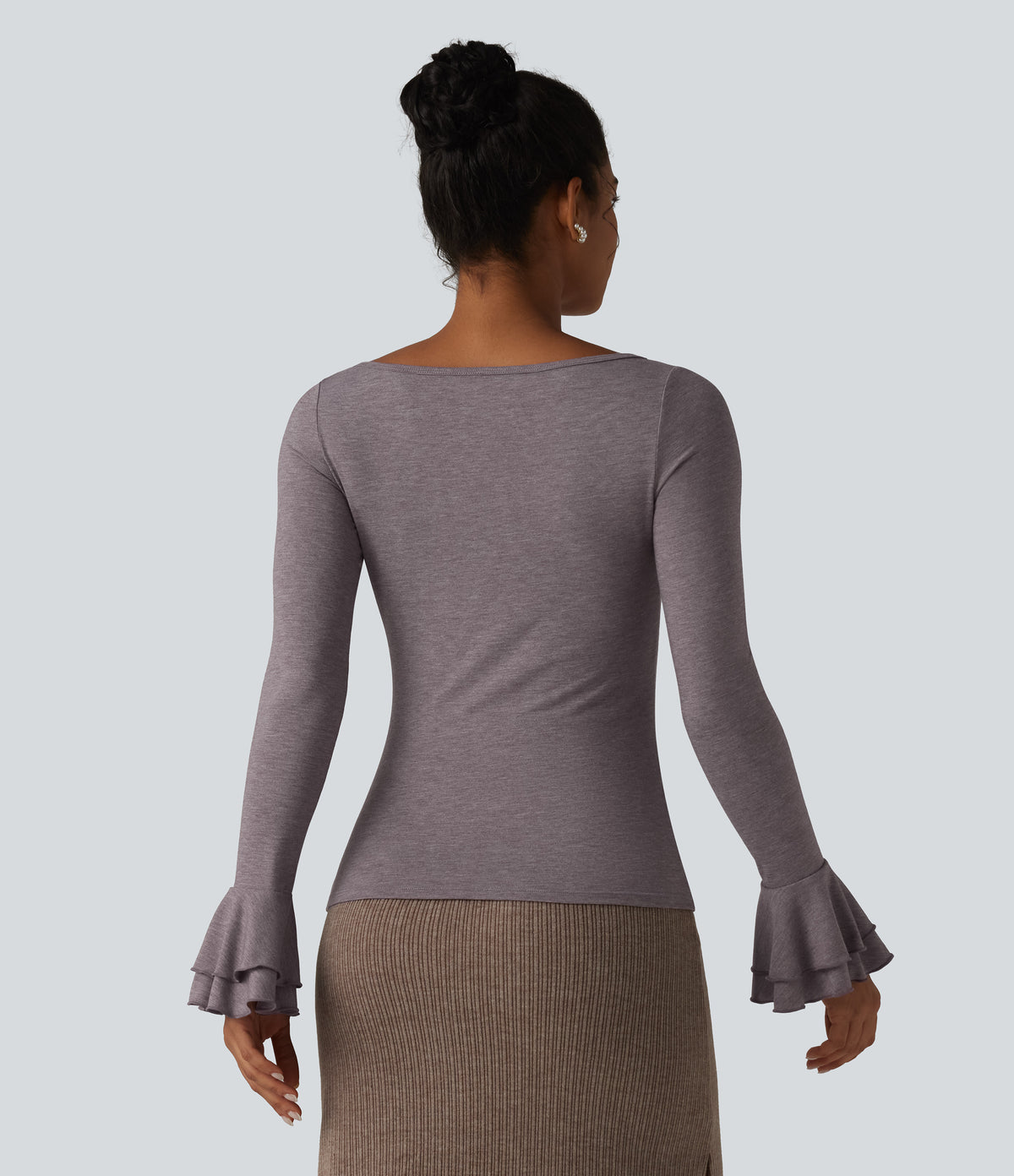 Boat Neck Flounce Long Sleeve Party Top — Deep Tea Brown Floral Yarn — view 2