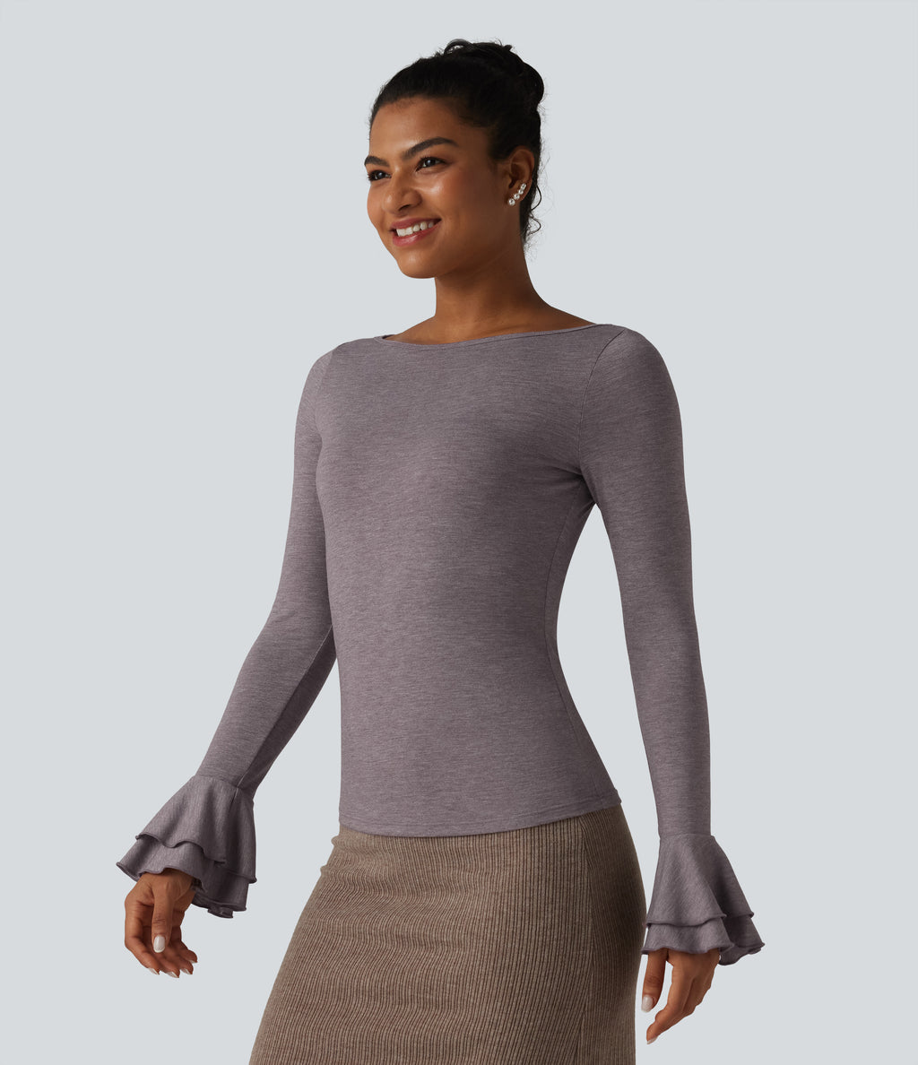 Boat Neck Flounce Long Sleeve Party Top — Deep Tea Brown Floral Yarn — view 3