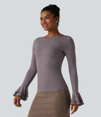 Boat Neck Flounce Long Sleeve Party Top — Deep Tea Brown Floral Yarn — view 3