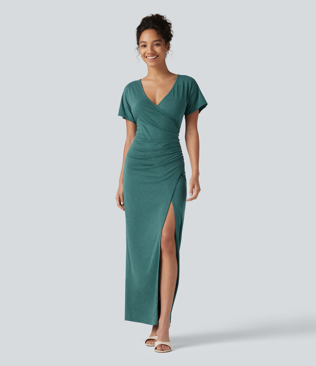 V-neck Batwing Sleeve Ruched Split Maxi Casual Bodycon Dress — Jade Green Floral Yarn — view 1