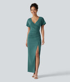 V-neck Batwing Sleeve Ruched Split Maxi Casual Bodycon Dress — Jade Green Floral Yarn — view 1
